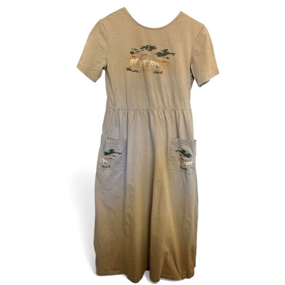 Vintage Bobbie Brooks Khaki Maxi Dress Short Sleeve back tied Zebra Africa SM - Picture 2 of 8